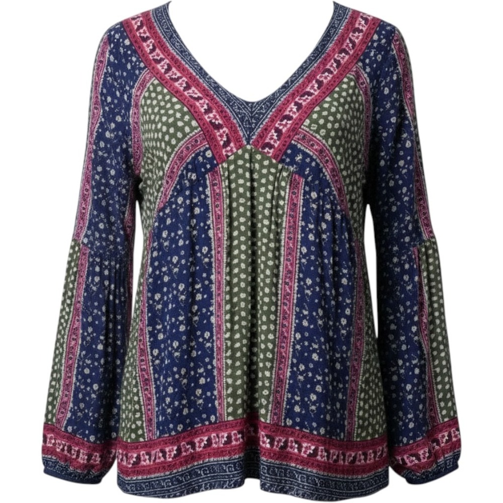 Suzanne Betro Weekend Top Womens 4X Multi Color Patchwork Boho Peasant Blouse